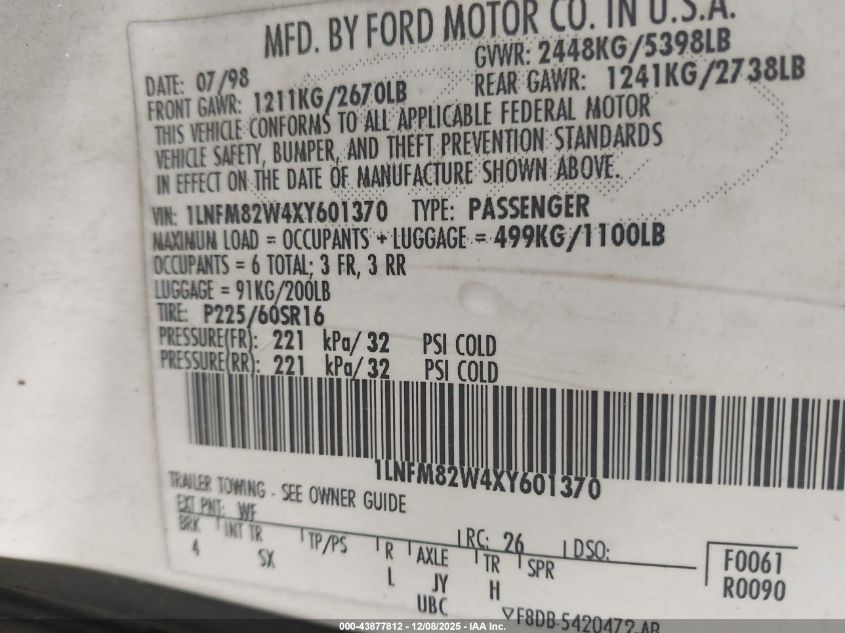 1999 Lincoln Town Car Signature VIN: 1LNFM82W4XY601370 Lot: 43877812