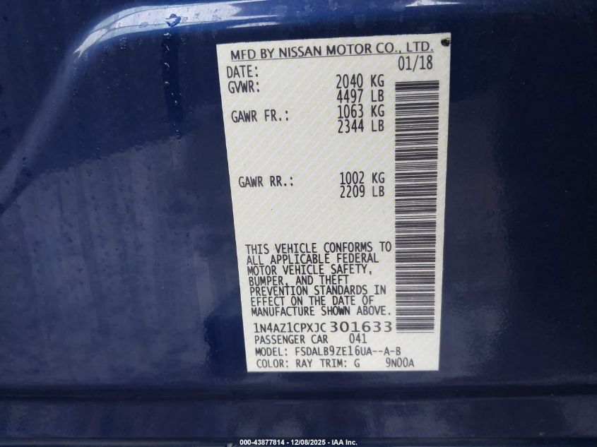 2018 Nissan Leaf S VIN: 1N4AZ1CPXJC301633 Lot: 43877814