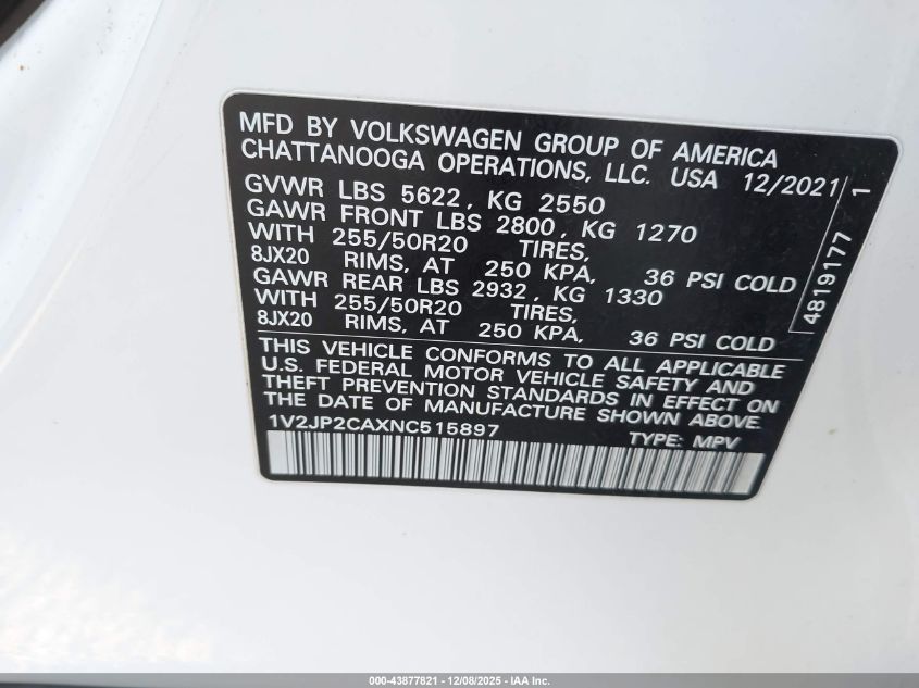 2022 Volkswagen Atlas 2.0T Se W/Technology VIN: 1V2JP2CAXNC515897 Lot: 43877821