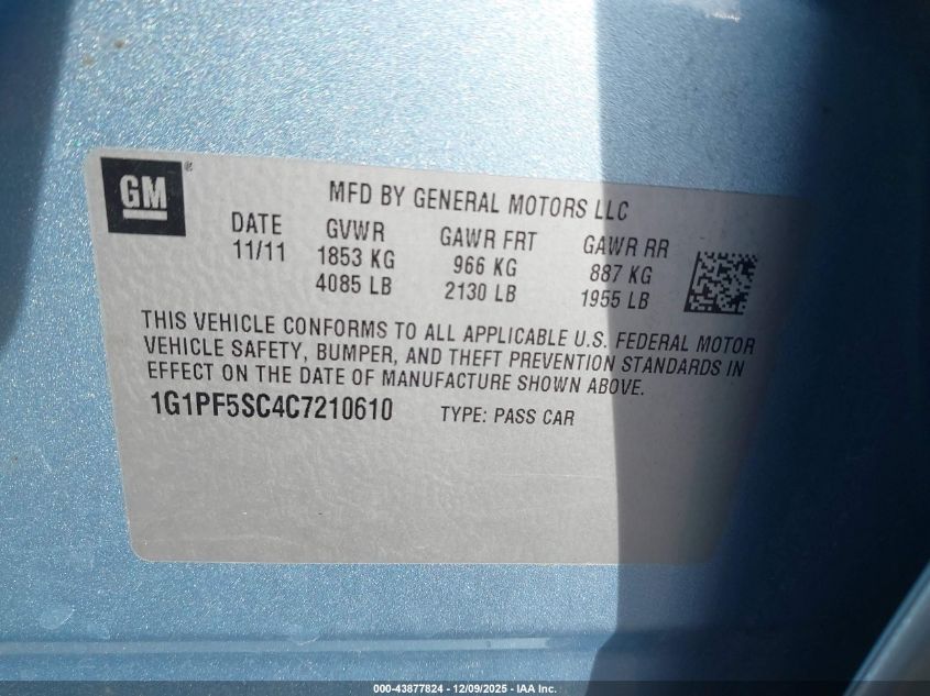 2012 Chevrolet Cruze 1Lt VIN: 1G1PF5SC4C7210610 Lot: 43877824