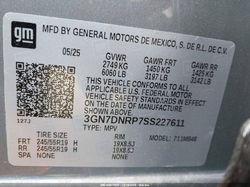 2025 Chevrolet Equinox Ev Lt 2 VIN: 3GN7DNRP7SS227611 Lot: 43877829