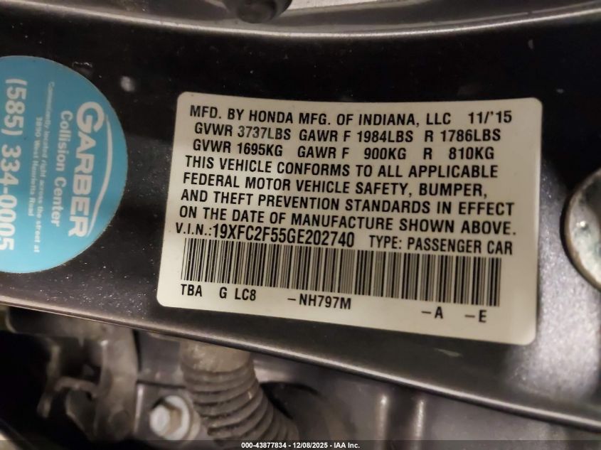 2016 Honda Civic Lx VIN: 19XFC2F55GE202740 Lot: 43877834