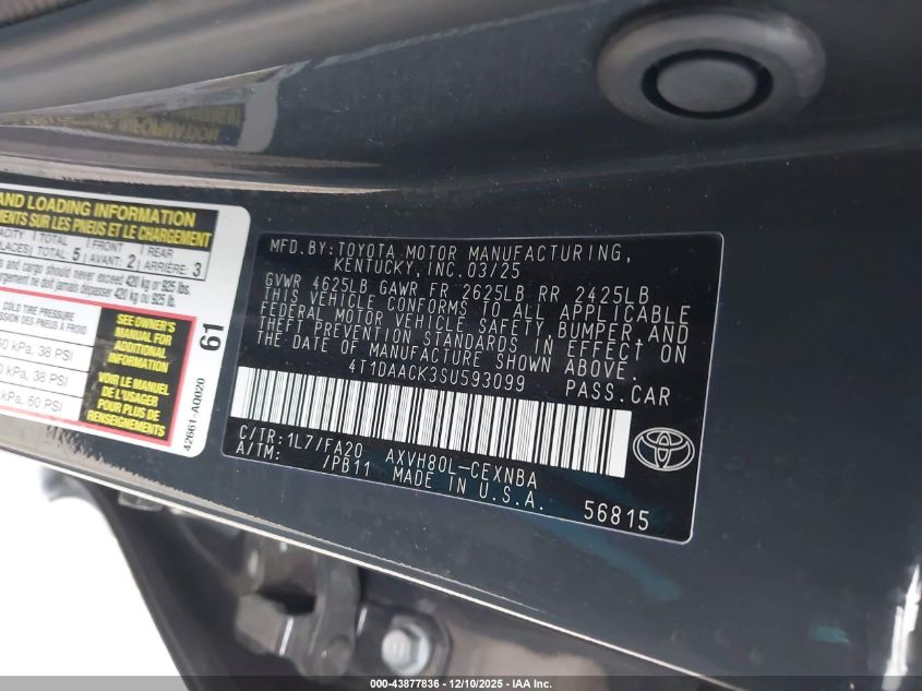 2025 Toyota Camry Le VIN: 4T1DAACK3SU593099 Lot: 43877836