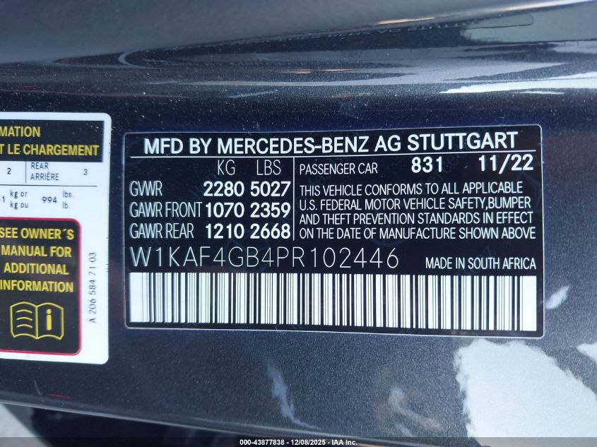 2023 Mercedes-Benz C 300 Sedan VIN: W1KAF4GB4PR102446 Lot: 43877838