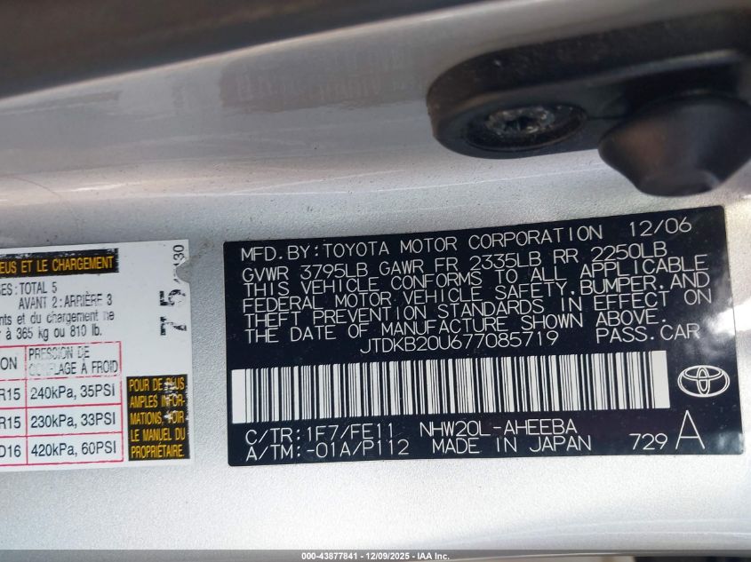 2007 Toyota Prius VIN: JTDKB20U677085719 Lot: 43877841