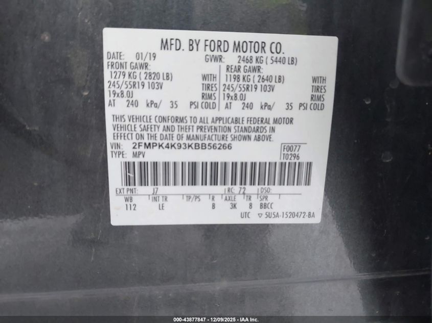 2019 Ford Edge Titanium VIN: 2FMPK4K93KBB56266 Lot: 43877847