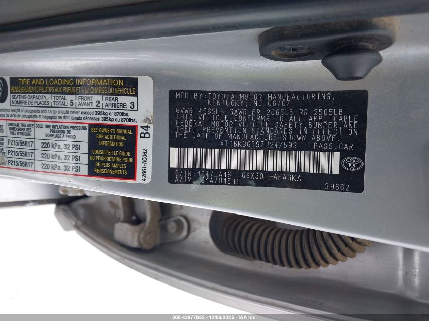 2007 Toyota Avalon Xls VIN: 4T1BK36B97U247593 Lot: 43877852