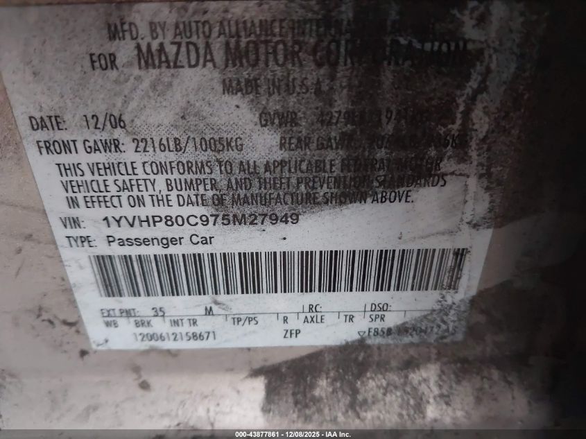 2007 Mazda Mazda6 I Sport Ve VIN: 1YVHP80C975M27949 Lot: 43877861