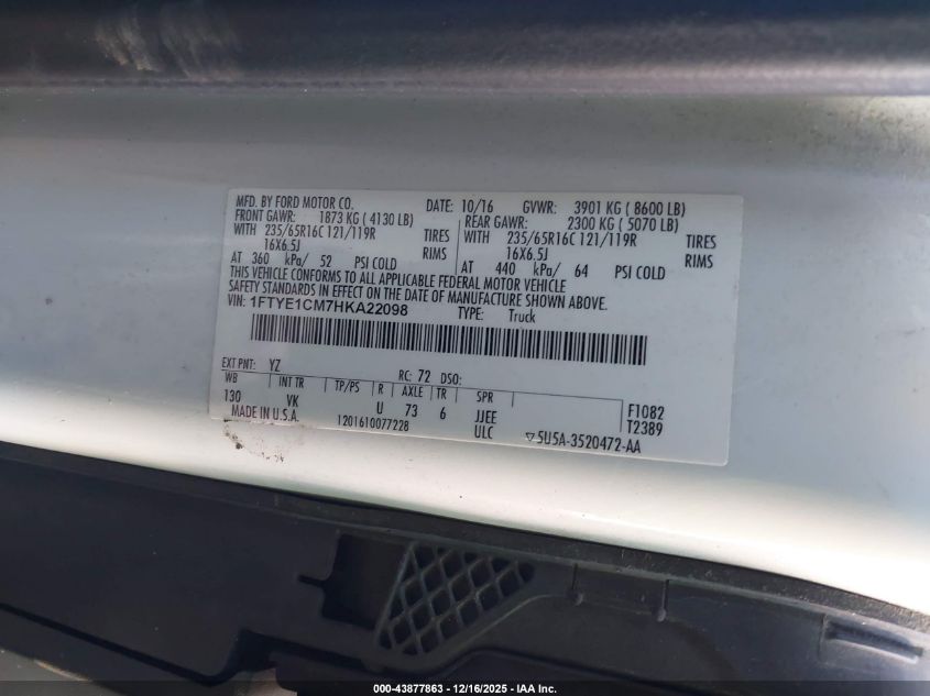 2017 Ford Transit-150 VIN: 1FTYE1CM7HKA22098 Lot: 43877863