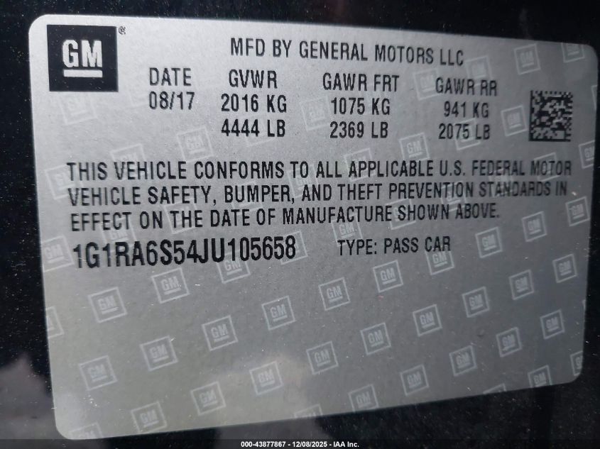 2018 Chevrolet Volt Lt VIN: 1G1RA6S54JU105658 Lot: 43877867