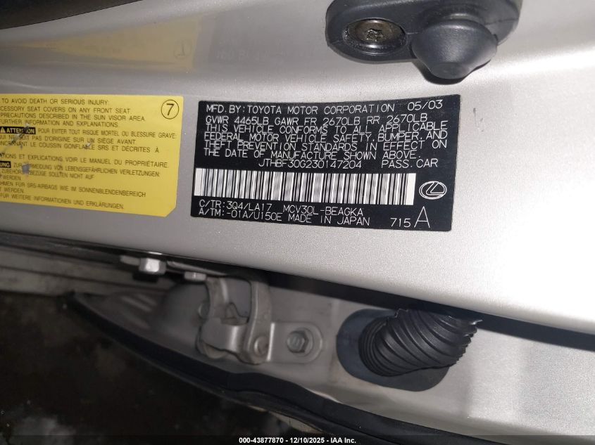 2003 Lexus Es 300 VIN: JTHBF30G230147204 Lot: 43877870