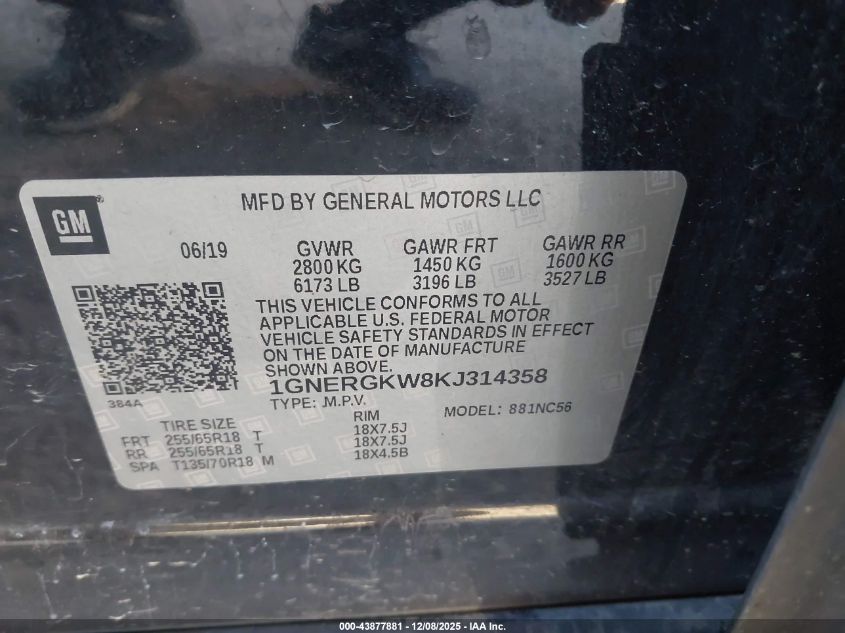 2019 Chevrolet Traverse 1Lt VIN: 1GNERGKW8KJ314358 Lot: 43877881