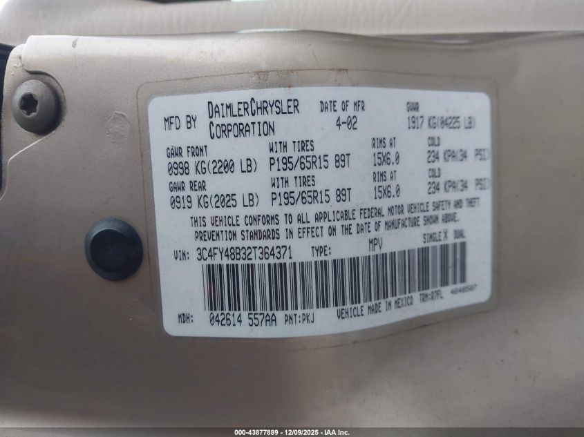 2002 Chrysler Pt Cruiser VIN: 3C4FY48B32T364371 Lot: 43877889