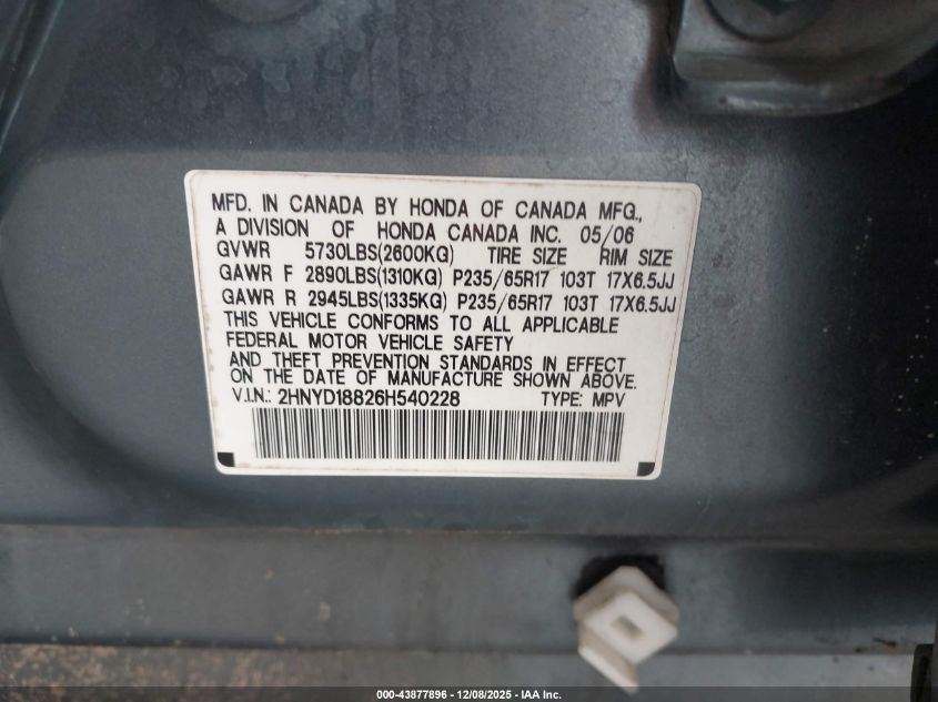 2006 Acura Mdx VIN: 2HNYD18826H540228 Lot: 43877896