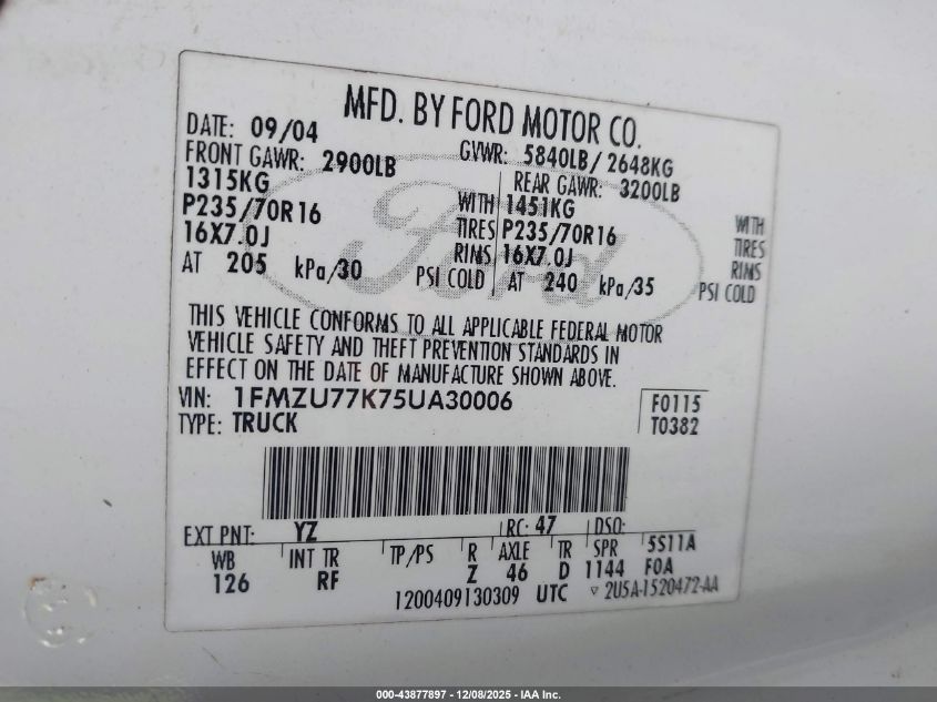 2005 Ford Explorer Sport Trac Adrenalin/Xls/Xlt VIN: 1FMZU77K75UA30006 Lot: 43877897