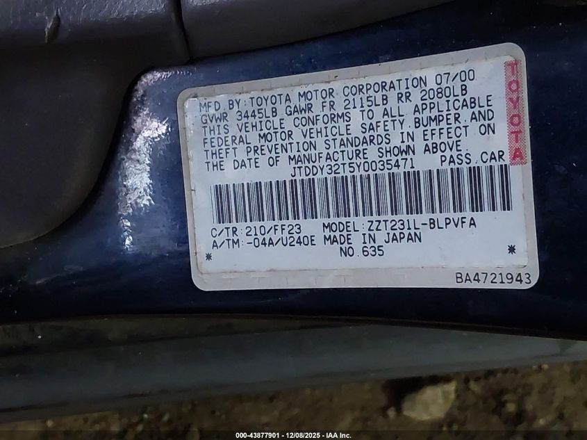 2000 Toyota Celica Gts VIN: JTDDY32T5Y0035471 Lot: 43877901