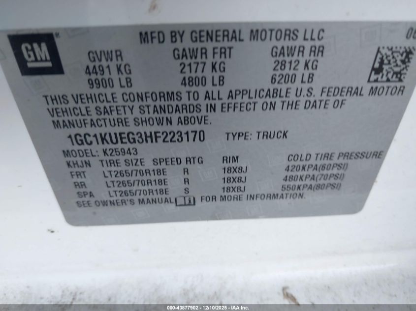 2017 Chevrolet Silverado 2500Hd Wt VIN: 1GC1KUEG3HF223170 Lot: 43877902