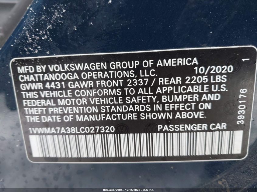 2020 Volkswagen Passat 2.0T R-Line VIN: 1VWMA7A38LC027320 Lot: 43877904