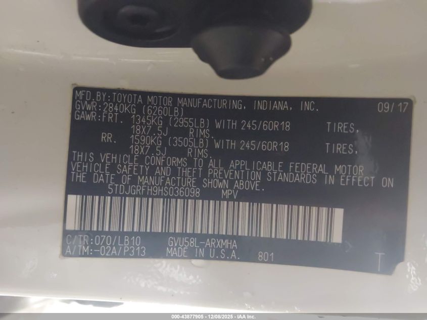 2017 Toyota Highlander Hybrid Xle VIN: 5TDJGRFH9HS036098 Lot: 43877905