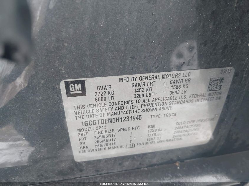 2017 Chevrolet Colorado Z71 VIN: 1GCGTDEN6H1231945 Lot: 43877907