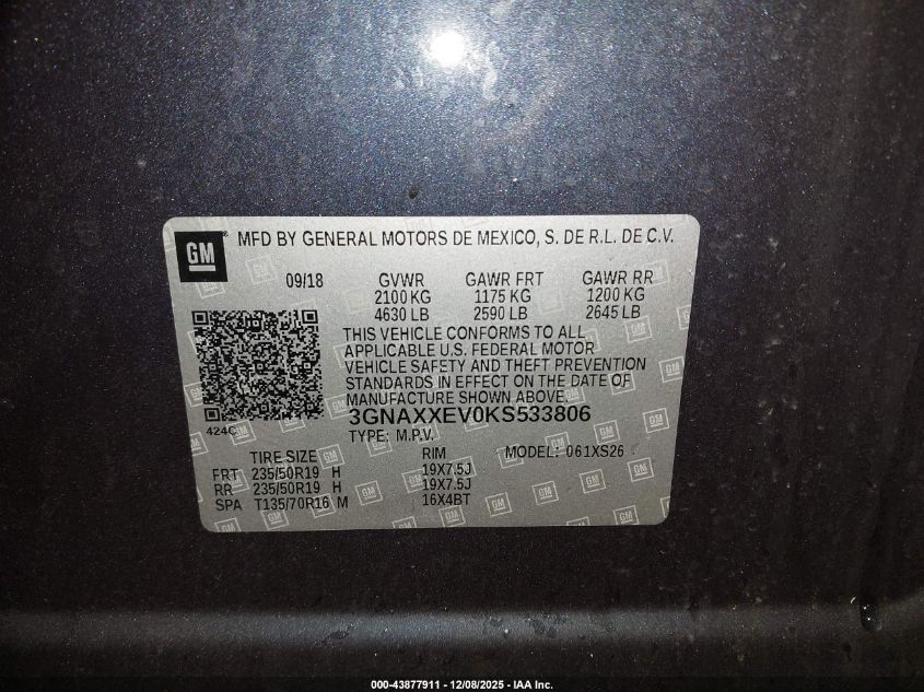 2019 Chevrolet Equinox Premier VIN: 3GNAXXEV0KS533806 Lot: 43877911