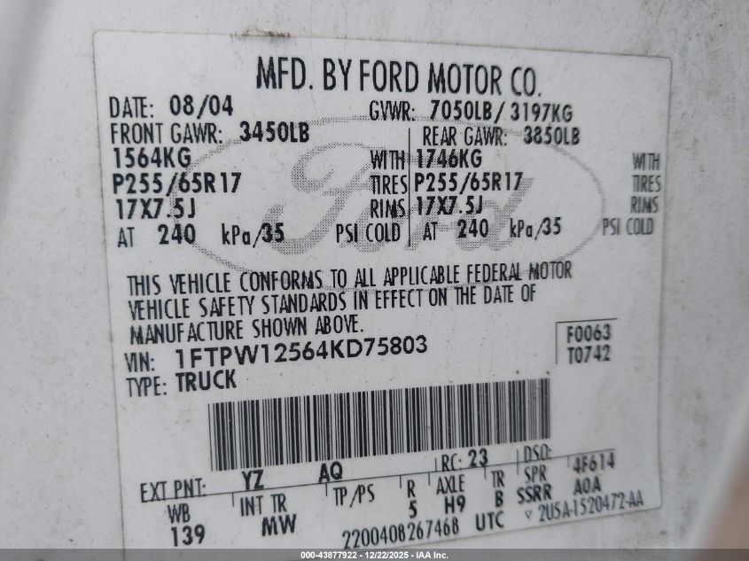 2004 Ford F-150 Lariat/Xlt VIN: 1FTPW12564KD75803 Lot: 43877922