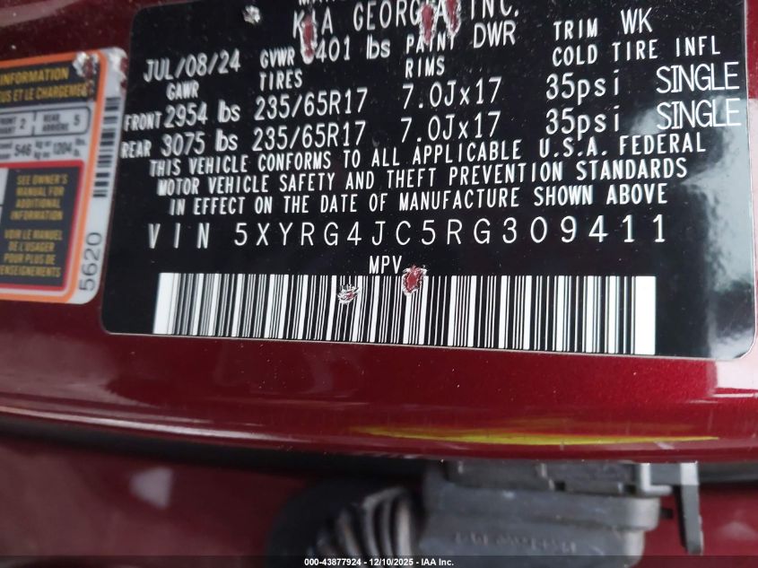 2024 Kia Sorento Lx VIN: 5XYRG4JC5RG309411 Lot: 43877924