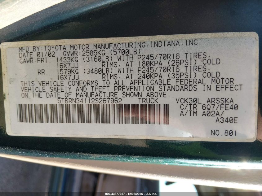 2002 Toyota Tundra Sr5 VIN: 5TBRN34112S267962 Lot: 43877927