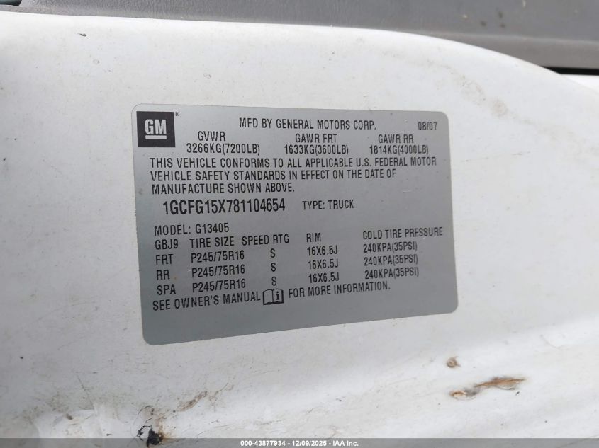 2008 Chevrolet Express Work Van VIN: 1GCFG15X781104654 Lot: 43877934