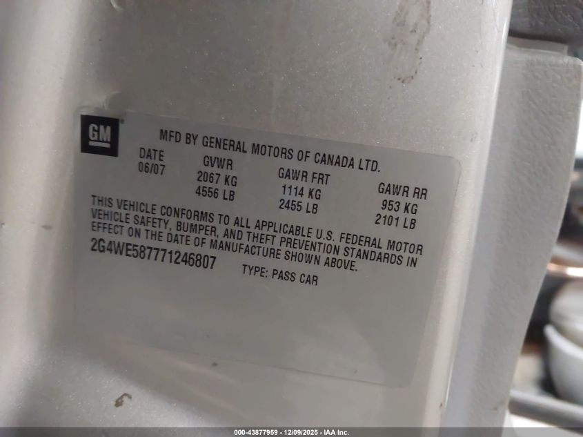 2007 Buick Lacrosse Cxs VIN: 2G4WE587771246807 Lot: 43877959