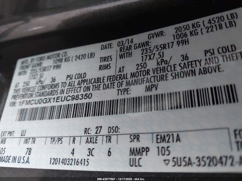 2014 Ford Escape Se VIN: 1FMCU0GX1EUC98350 Lot: 43877967