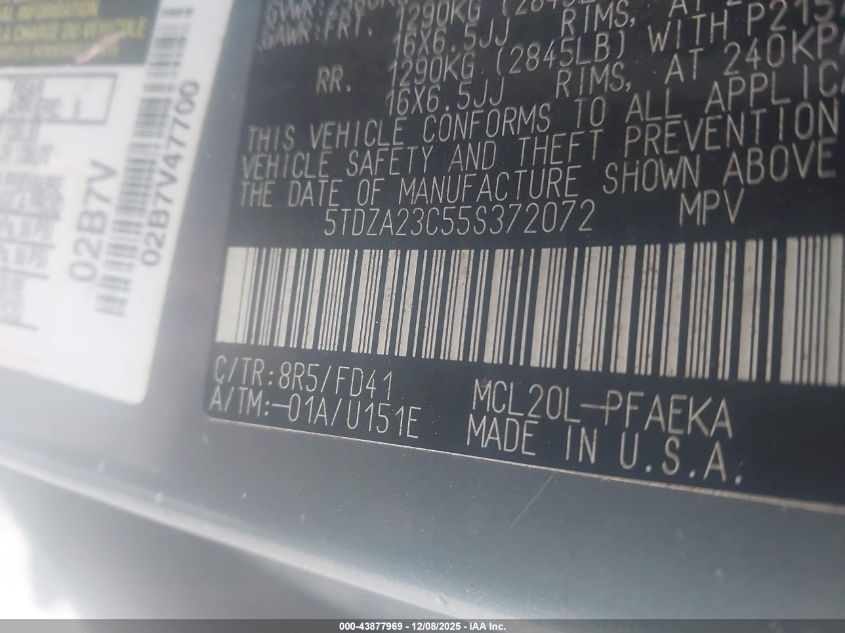 2005 Toyota Sienna Ce VIN: 5TDZA23C55S372072 Lot: 43877969