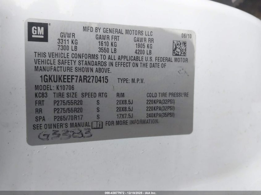 2010 GMC Yukon Denali VIN: 1GKUKEEF7AR270415 Lot: 43877972
