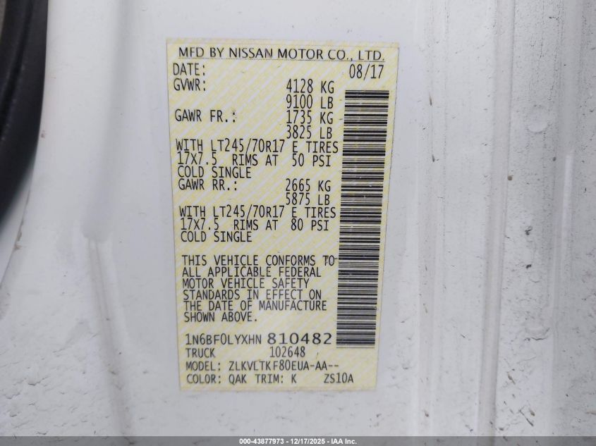 2017 Nissan Nv Cargo Nv2500 Hd Sv V6 VIN: 1N6BF0LYXHN810482 Lot: 43877973