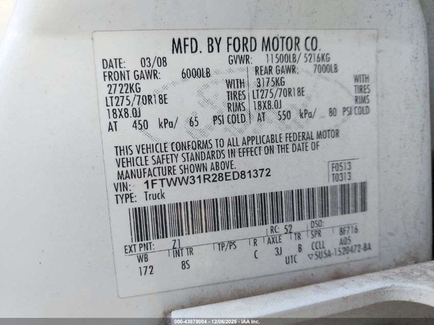 2008 Ford F-350 Fx4/Harley-Davidson/King Ranch/Lariat/Xl/Xlt VIN: 1FTWW31R28ED81372 Lot: 43878004