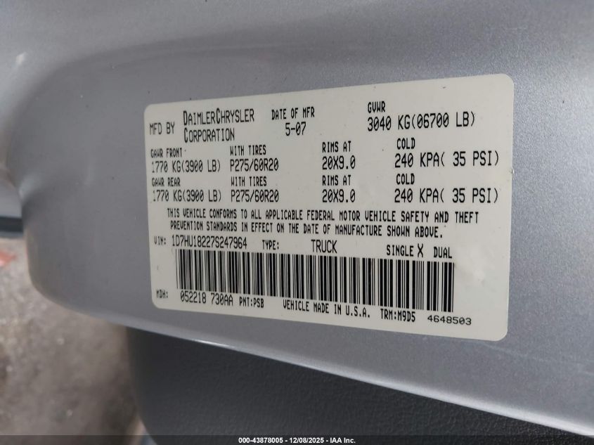 2007 Dodge Ram 1500 Slt/Trx4 Off Road/Sport VIN: 1D7HU18227S247964 Lot: 43878005
