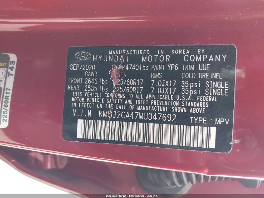 2021 Hyundai Tucson Se VIN: KM8J2CA47MU347692 Lot: 43878012