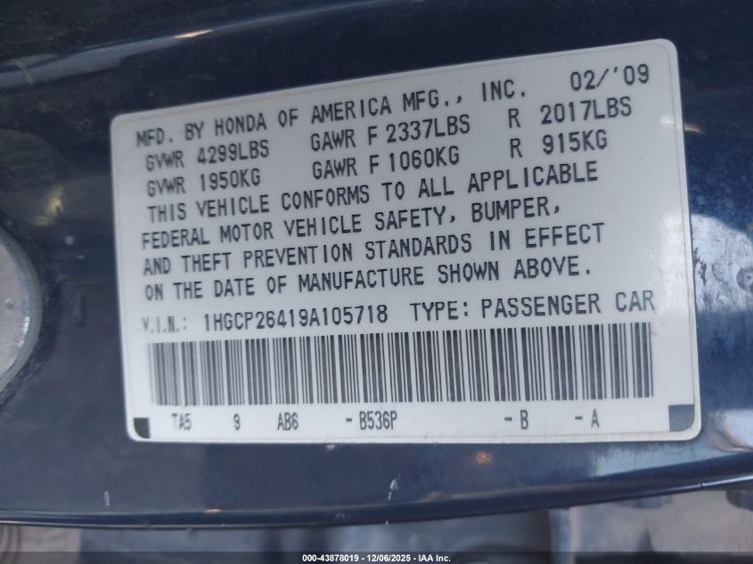 2009 Honda Accord 2.4 Lx-P VIN: 1HGCP26419A105718 Lot: 43878019