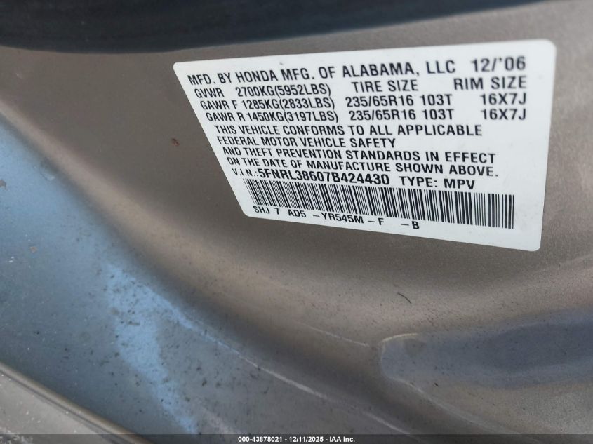 2007 Honda Odyssey Ex-L VIN: 5FNRL38607B424430 Lot: 43878021