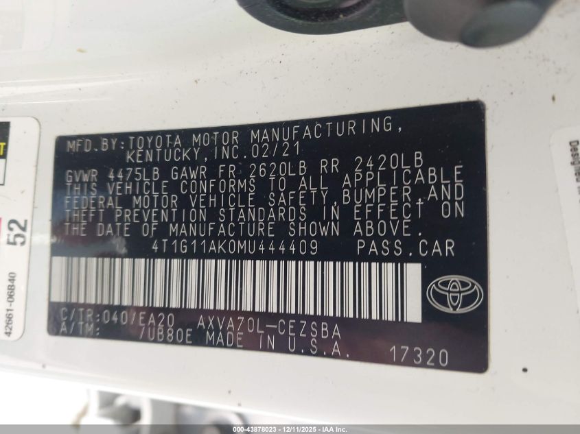 2021 Toyota Camry Se VIN: 4T1G11AK0MU444409 Lot: 43878023