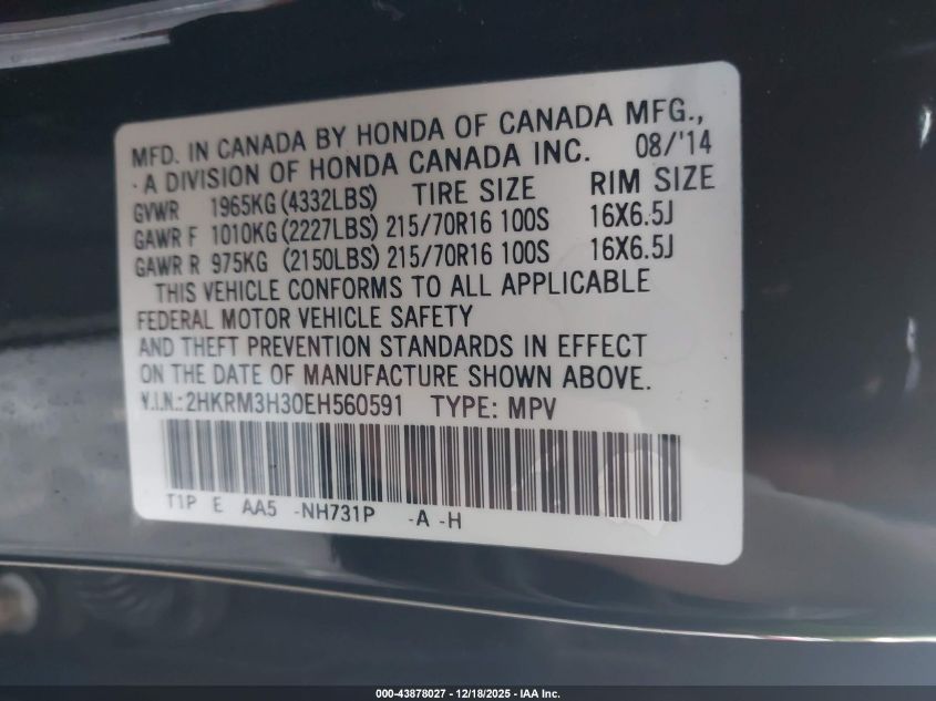 2014 Honda Cr-V Lx VIN: 2HKRM3H30EH560591 Lot: 43878027