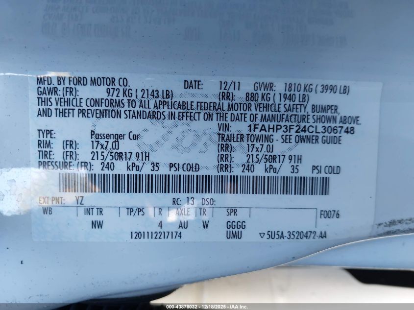 2012 Ford Focus Se VIN: 1FAHP3F24CL306748 Lot: 43878032