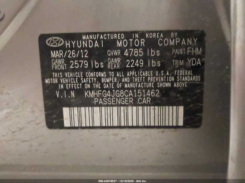 2012 Hyundai Azera VIN: KMHFG4JG8CA151462 Lot: 43878037