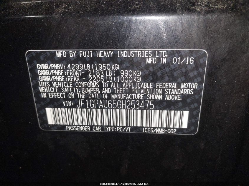 2016 Subaru Impreza 2.0I Sport Limited VIN: JF1GPAU65GH253475 Lot: 43878047