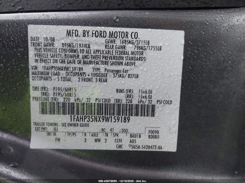 2009 Ford Focus Se VIN: 1FAHP35NX9W159189 Lot: 43878059