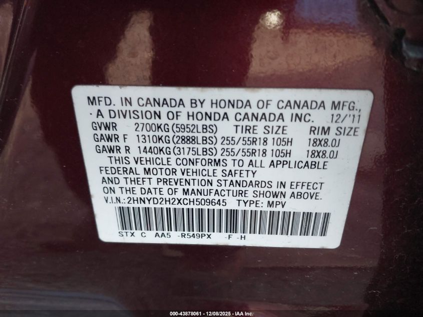 2012 Acura Mdx VIN: 2HNYD2H2XCH509645 Lot: 43878061