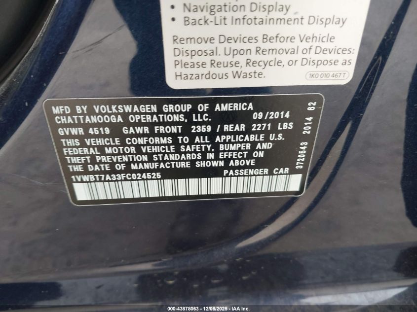 2015 Volkswagen Passat 1.8T Se VIN: 1VWBT7A33FC024525 Lot: 43878063