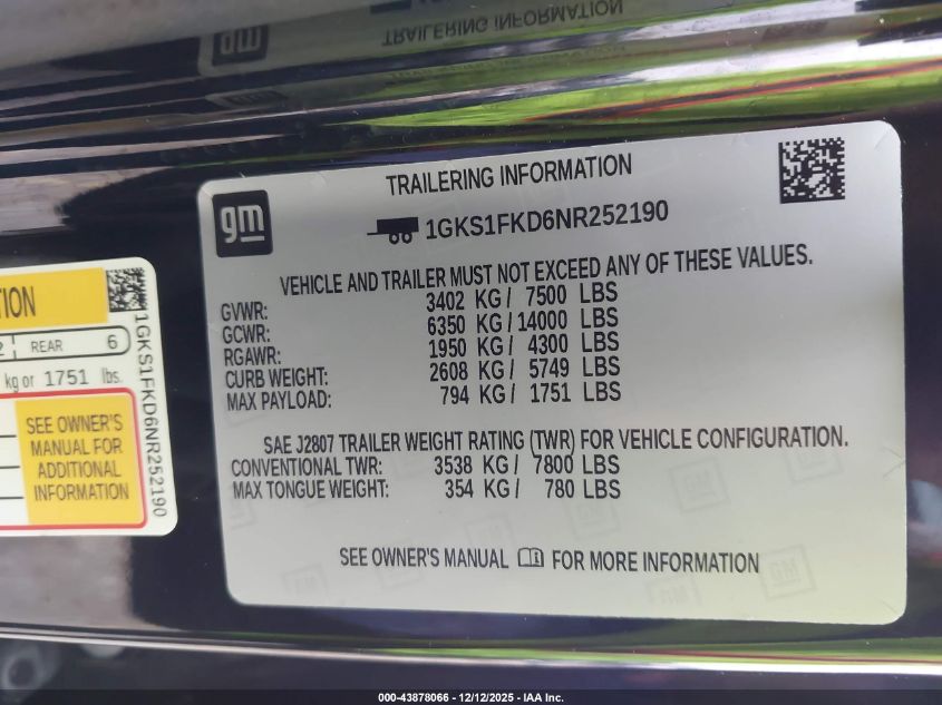 2022 GMC Yukon Xl 2Wd Sle VIN: 1GKS1FKD6NR252190 Lot: 43878066