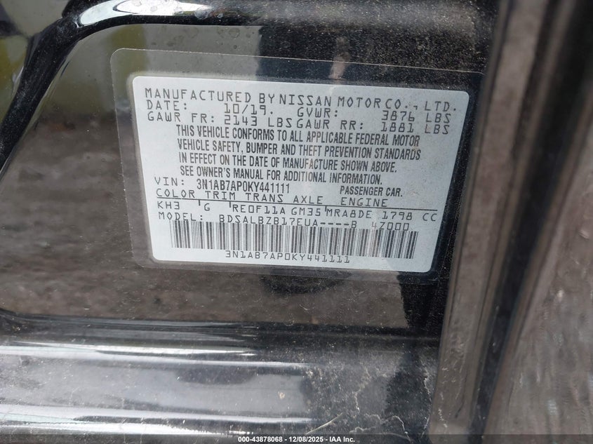 VIN 3N1AB7AP0KY441111 2019 NISSAN SENTRA S