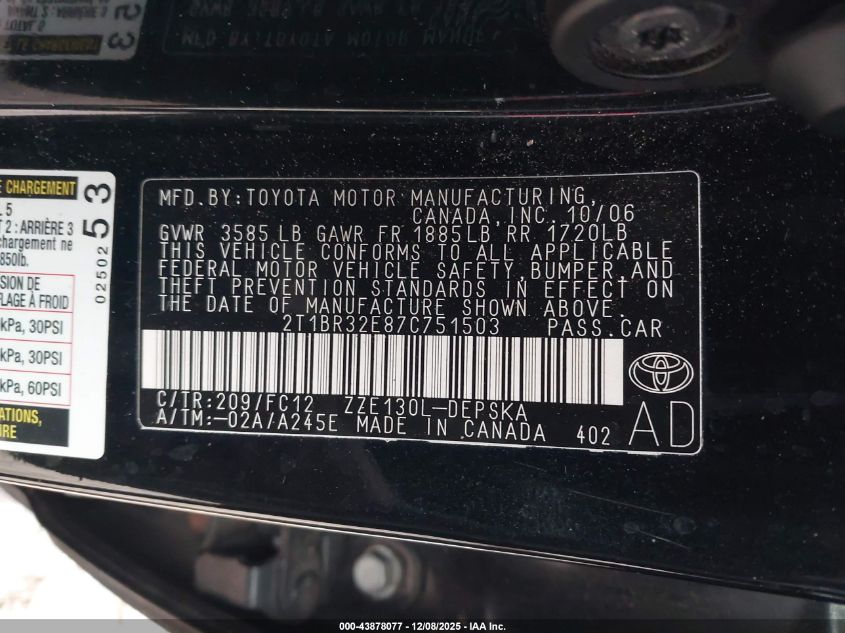 2007 Toyota Corolla S VIN: 2T1BR32E87C751503 Lot: 43878077